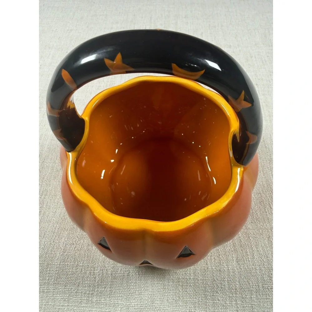 Halloween Ceramic Jack O Lantern Pumpkin Candy Basket Orange Black Stars Fall